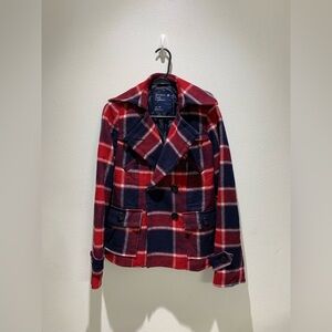 American Eagle Plaid Double-Breasted Women's Jacket Pea Coat Wool Blend Size XS